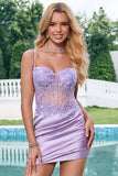 Unique scintillant serré corset sequin plissé violet robe de soirée court avec appliques