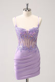 Robe de soirée Court moulante à paillettes corset violet scintillant