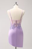 Robe de soirée Court moulante à paillettes corset violet scintillant