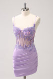 Robe de soirée Court moulante à paillettes corset violet scintillant