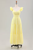 Simple Jaune Citron Une Ligne Plissé Robe D’invitée De Fête De Mariage Avec Volants