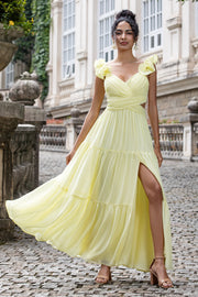 Simple Jaune Citron Une Ligne Plissé Robe D’invitée De Fête De Mariage Avec Volants