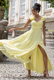 Simple Jaune Citron Une Ligne Plissé Robe D’invitée De Fête De Mariage Avec Volants