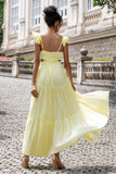 Simple Jaune Citron Une Ligne Plissé Robe D’invitée De Fête De Mariage Avec Volants