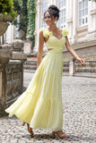 Simple Jaune Citron Une Ligne Plissé Robe D’invitée De Fête De Mariage Avec Volants