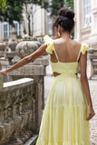 Simple Jaune Citron Une Ligne Plissé Robe D’invitée De Fête De Mariage Avec Volants