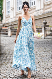 Blanc Bleu Fleur A Ligne Spaghetti Bretelles Maxi Robe D’invitée De Fête De Mariage