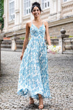 Blanc Bleu Fleur A Ligne Spaghetti Bretelles Maxi Robe D’invitée De Fête De Mariage