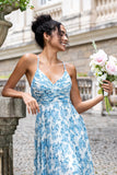 Blanc Bleu Fleur A Ligne Spaghetti Bretelles Maxi Robe D’invitée De Fête De Mariage