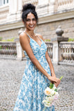 Blanc Bleu Fleur A Ligne Spaghetti Bretelles Maxi Robe D’invitée De Fête De Mariage