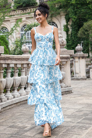 Blanc Bleu Corset Une Ligne Étagé Floral Longue Robe D’invitée De Fête De Mariage