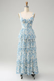 Blanc Bleu Corset Une Ligne Étagé Floral Longue Robe D’invitée De Fête De Mariage