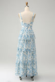 Blanc Bleu Corset Une Ligne Étagé Floral Longue Robe D’invitée De Fête De Mariage