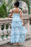 Blanc Bleu Corset Une Ligne Étagé Floral Longue Robe D’invitée De Fête De Mariage