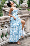Blanc Bleu Corset Une Ligne Étagé Floral Longue Robe D’invitée De Fête De Mariage