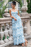 Blanc Bleu Corset Une Ligne Étagé Floral Longue Robe D’invitée De Fête De Mariage