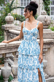Blanc Bleu Corset Une Ligne Étagé Floral Longue Robe D’invitée De Fête De Mariage