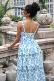 Blanc Bleu Corset Une Ligne Étagé Floral Longue Robe D’invitée De Fête De Mariage