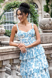 Blanc Bleu Corset Une Ligne Étagé Floral Longue Robe D’invitée De Fête De Mariage