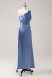 Robe de demoiselle de mariée longue en satin bleu à une épaule