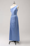 Robe de demoiselle de mariée longue en satin bleu à une épaule