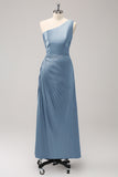 Robe de demoiselle de mariée longue en satin bleu à une épaule