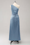 Robe de demoiselle de mariée longue en satin bleu à une épaule