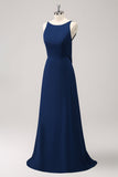 Robe de demoiselle d’honneur longue trapèze col bleu marine