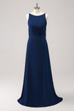 Robe de demoiselle d’honneur longue trapèze col bleu marine