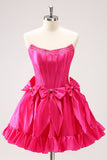 Robe de soirée Court fuchsia à coupe A et bustier avec nœuds