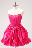 Robe de soirée Court fuchsia à coupe A et bustier avec nœuds