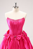 Robe de soirée Court fuchsia à coupe A et bustier avec nœuds