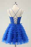 Élégant bleu A ligne spaghetti bretelles Tulle Robe de soirée Court avec volants