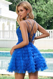 Élégant bleu A ligne spaghetti bretelles Tulle Robe de soirée Court avec volants