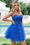 Élégant bleu A ligne spaghetti bretelles Tulle Robe de soirée Court avec volants