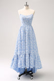 Robe de demoiselle d’honneur sans bretelles Floral bleu