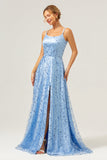 Bleu scintillant A Ligne Spaghetti Bretelles Paillettes Lace Up Back Robe de bal avec fente