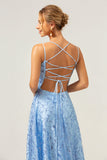 Bleu scintillant A Ligne Spaghetti Bretelles Paillettes Lace Up Back Robe de bal avec fente