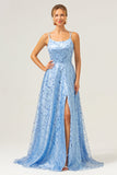 Bleu scintillant A Ligne Spaghetti Bretelles Paillettes Lace Up Back Robe de bal avec fente