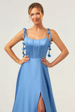 Bleu A Ligne Spaghetti Bretelles Corset Satin Longue Robe de demoiselle d’honneur avec fente