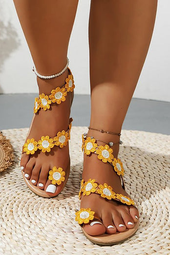 Sandales plates Boho à fleurs jaunes