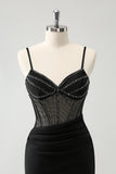 Noir moulant spaghetti bretelles Corset Robe de soirée Court avec perles