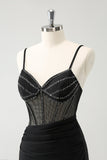 Noir moulant spaghetti bretelles Corset Robe de soirée Court avec perles