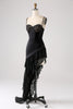Charger l&#39;image dans la galerie, Robe de bal asymétrique noire à bretelles spaghetti avec volants