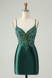 Robe de soirée Court à col en V moulante vert foncé scintillante avec paillettes