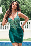 Robe de soirée Court à col en V moulante vert foncé scintillante avec paillettes