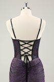 Violet foncé spaghetti bretelles Corset Glitter Robe de soirée Court