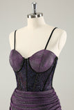 Violet foncé spaghetti bretelles Corset Glitter Robe de soirée Court