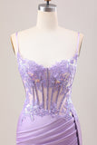 Élégante Sirène Lilas Plissé Paillettes Corset Longue Robe De Bal Avec Fente