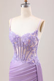 Élégante Sirène Lilas Plissé Paillettes Corset Longue Robe De Bal Avec Fente